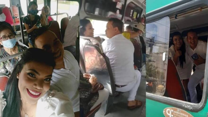 En Barranquilla, esta pareja se fue en bus después de su matrimonio