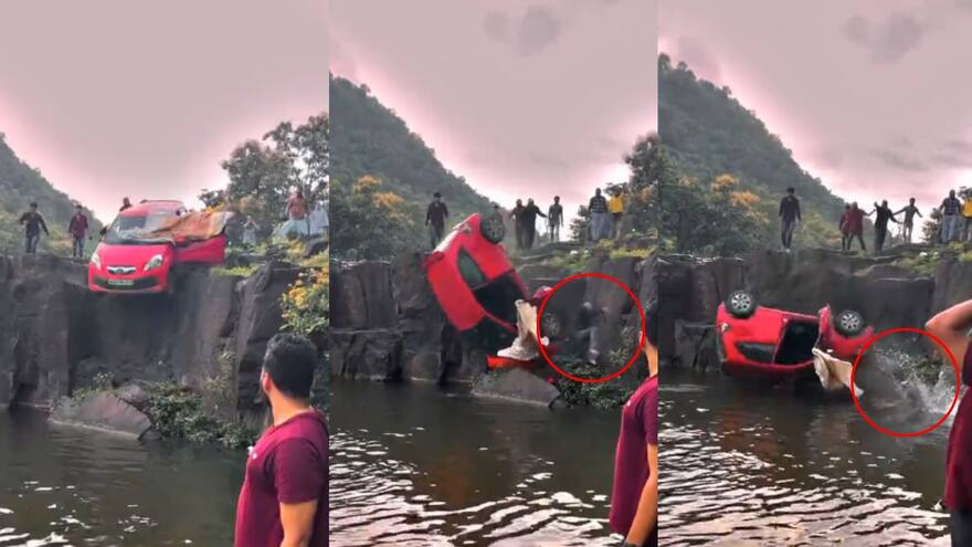 Video: Un padre y su hija en un vehículo por poco caen de una cascada en la India