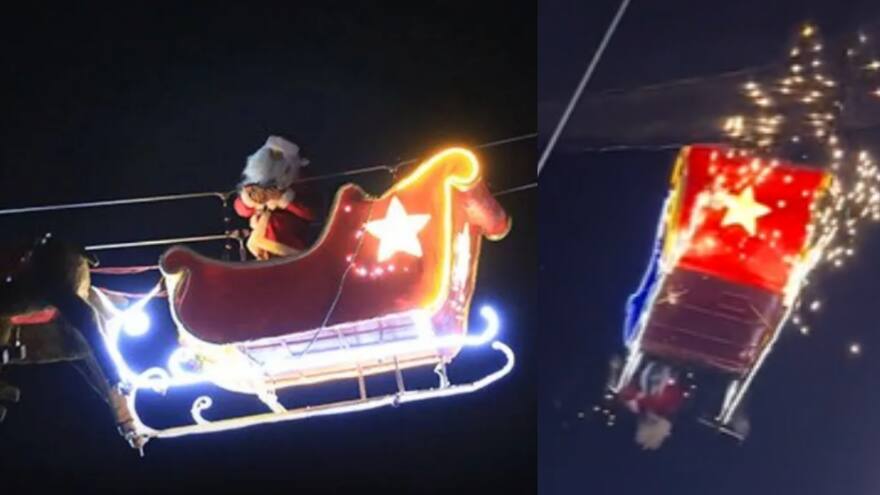 'Casi nos quedamos sin navidad': Santa casi cae de trineo volador en un show
