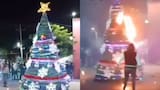 Árbol de Navidad se incendió en Hidalgo, México, tras uso de pirotecnia en pleno evento público