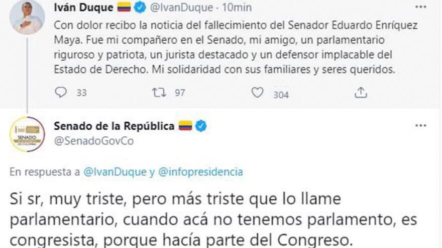 Cuenta del Senado corrige en Twitter al presidente Duque