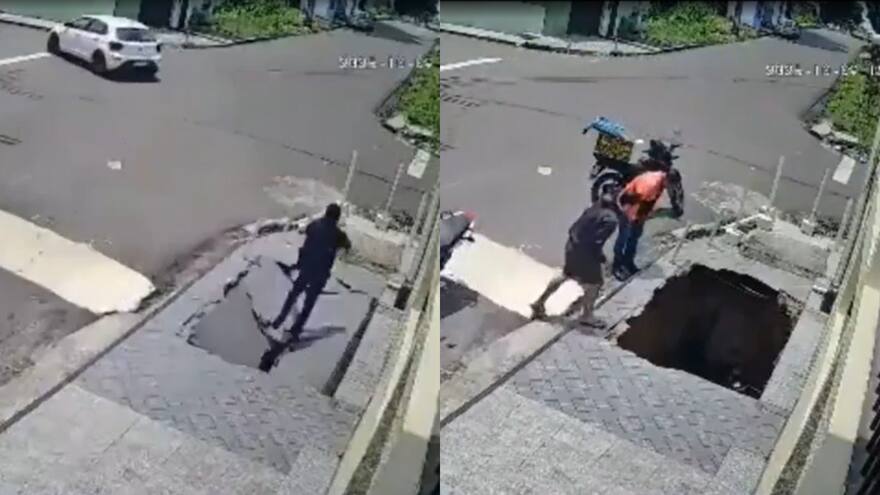 Video: joven caminaba por una acera y un hueco “se lo tragó”