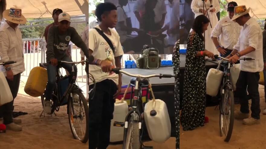 Llueven críticas a Petro por entrega de bicicletas con bidones en La Guajira
