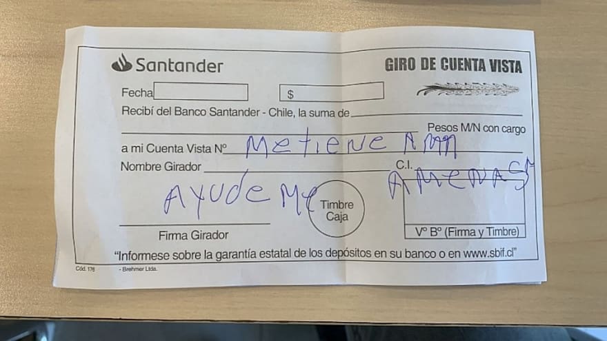 'Ayúdeme': hombre secuestrado pidió auxilio con documento bancario