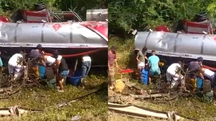 Saquean camión cisterna volcado en Cesar